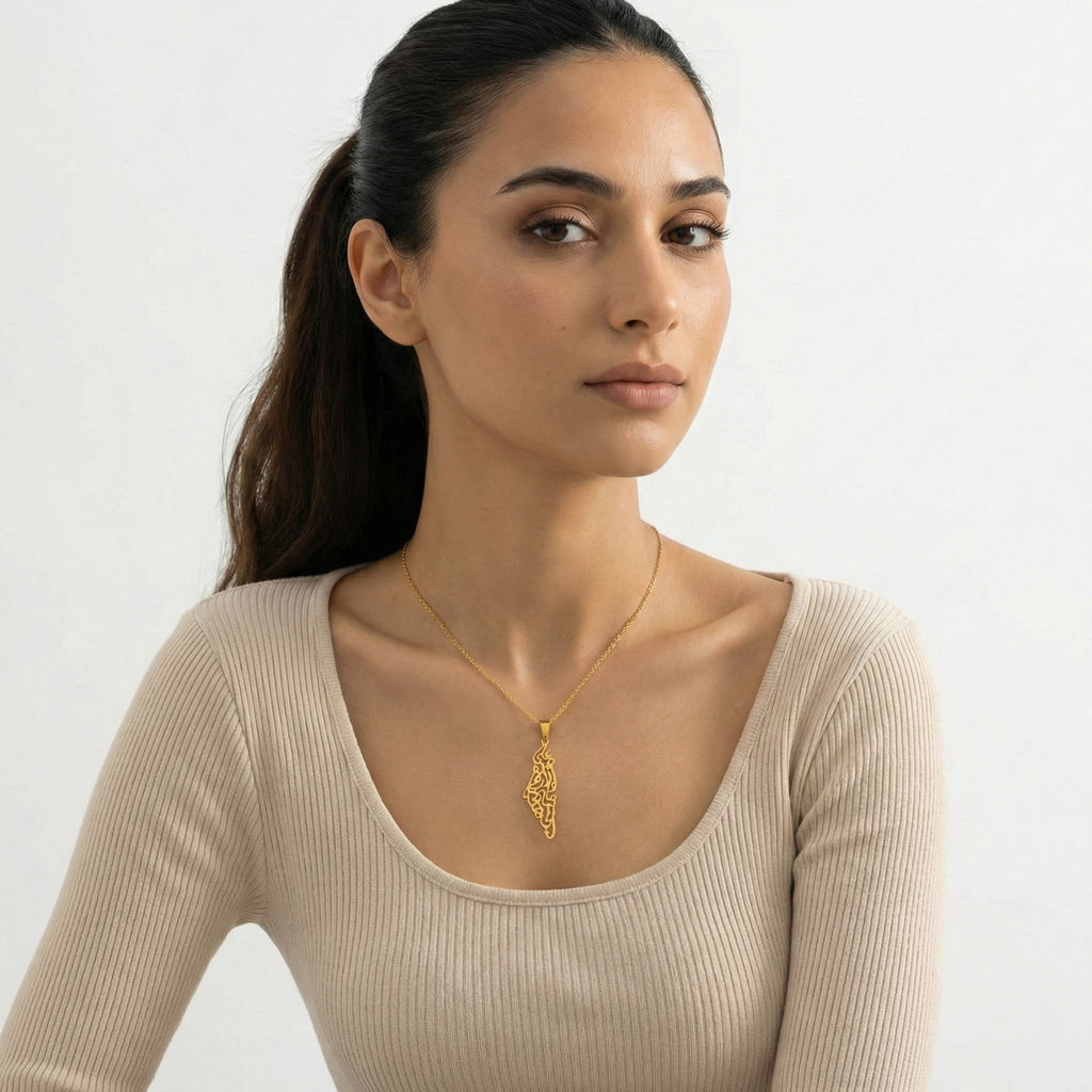 Qamar Palestine Calligraphy Map Necklace