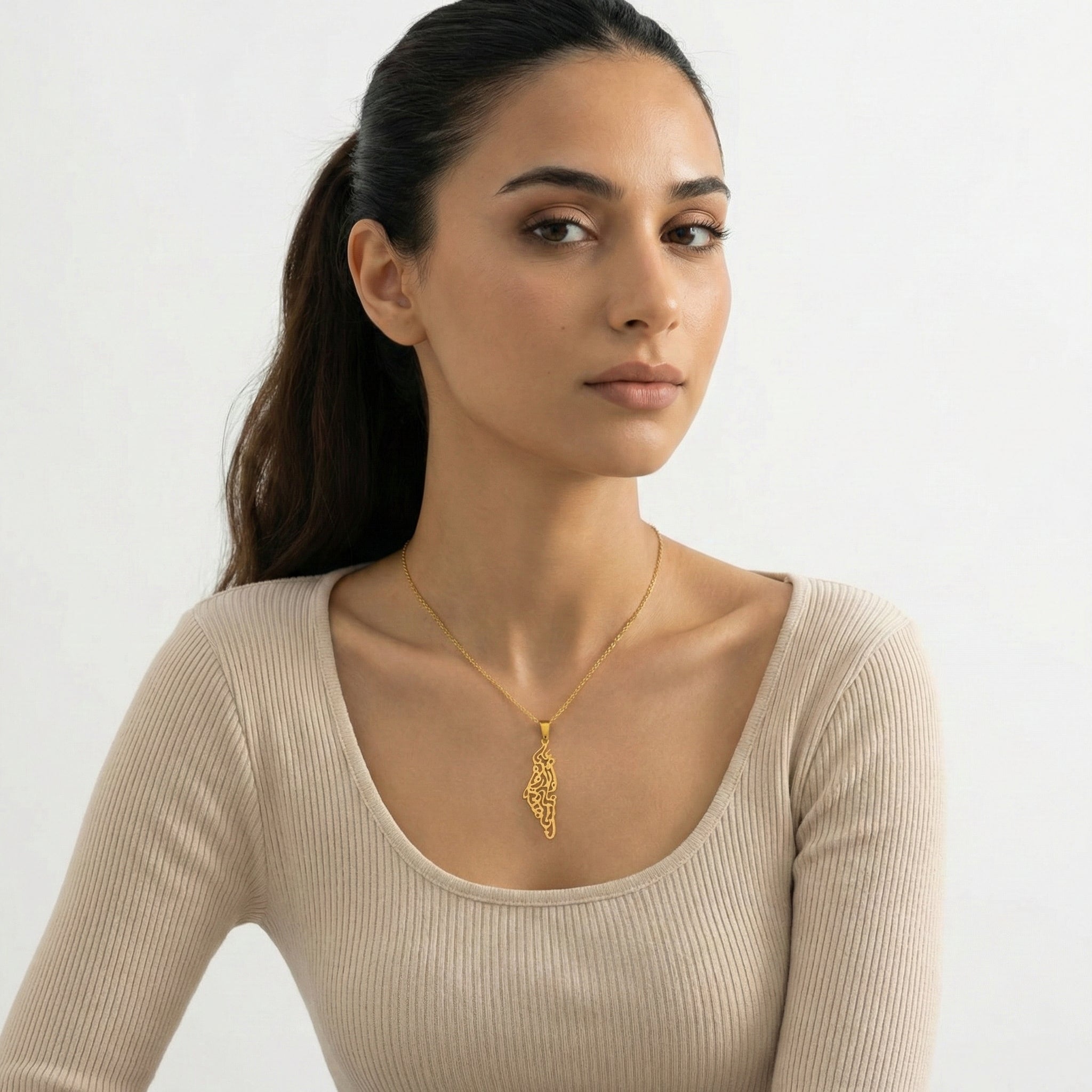Qamar Palestine Calligraphy Map Necklace