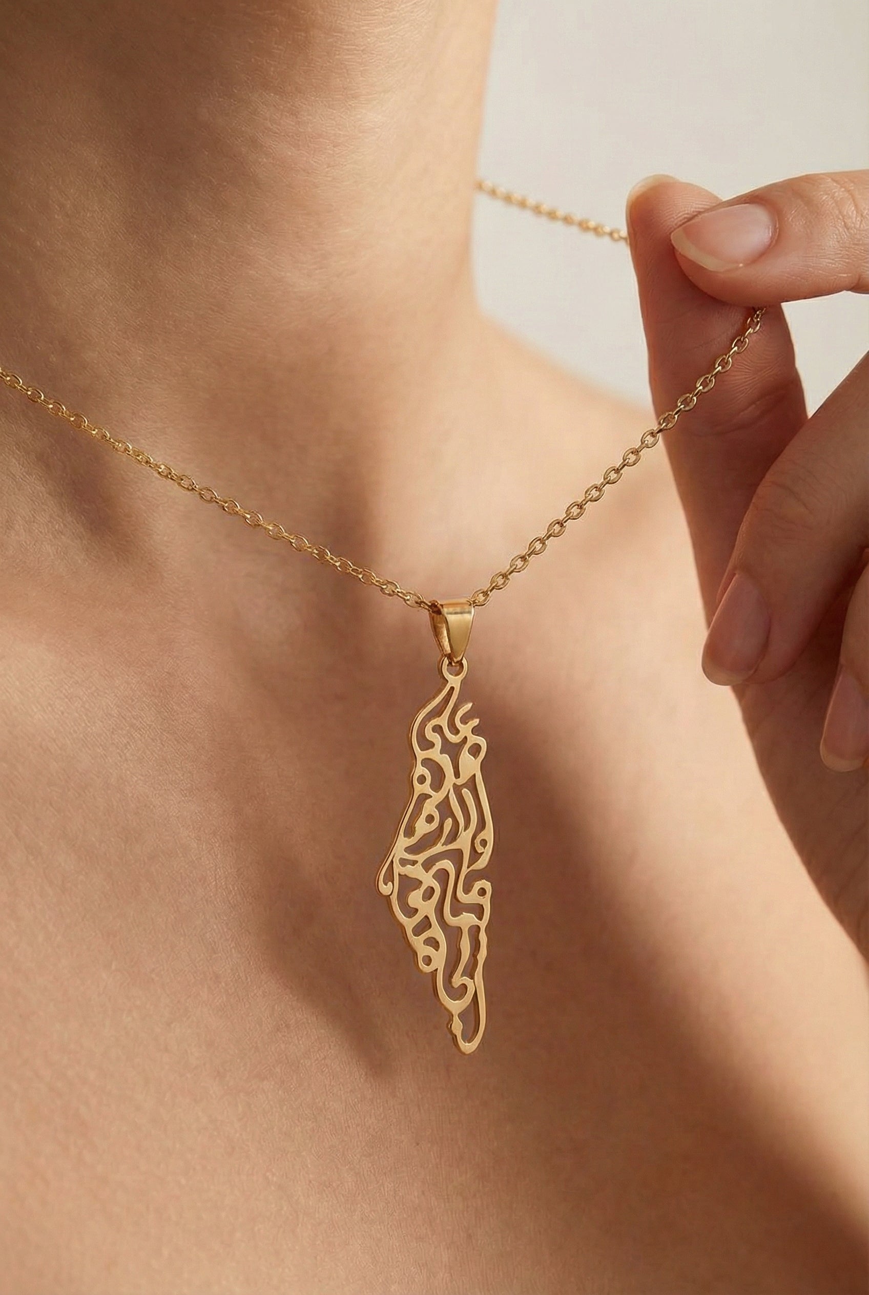 Qamar Palestine Calligraphy Map Necklace