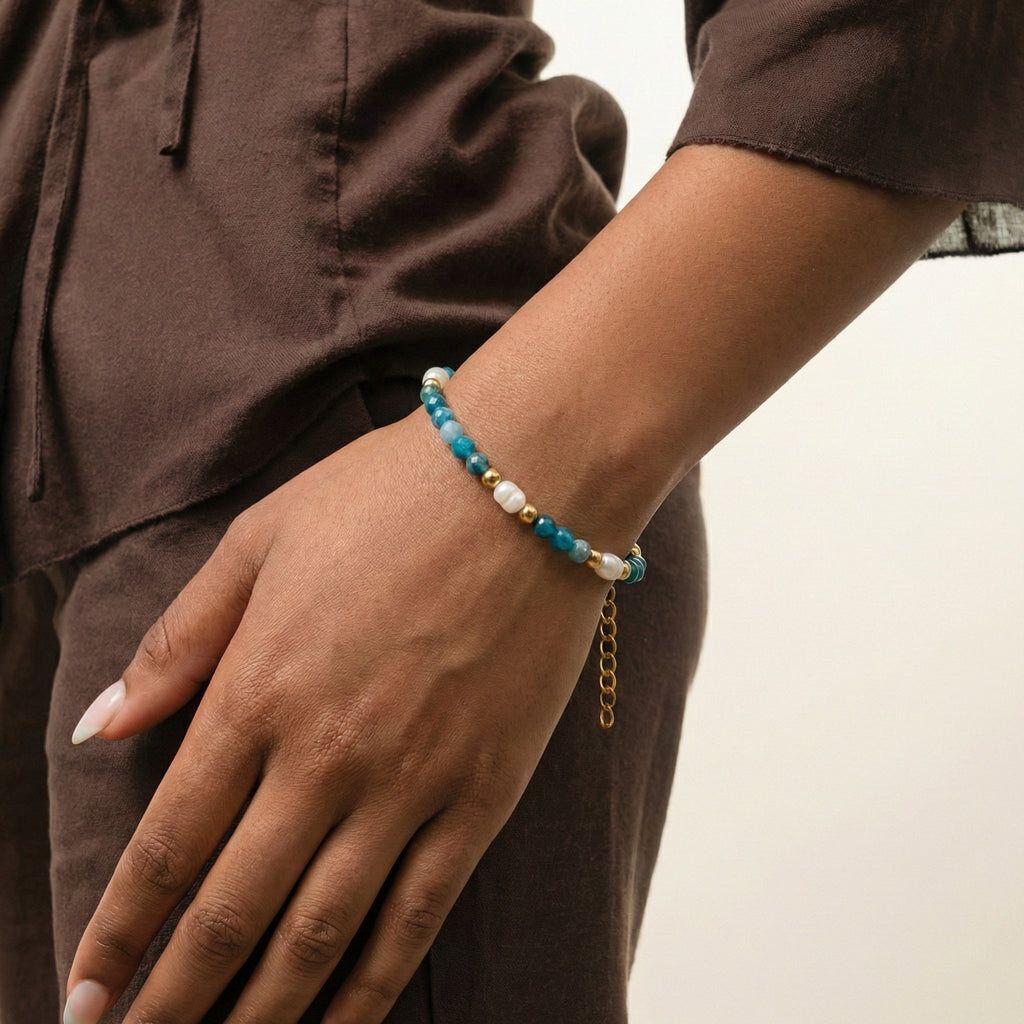 Turquoise Blue & Pearl Bead Bracelet