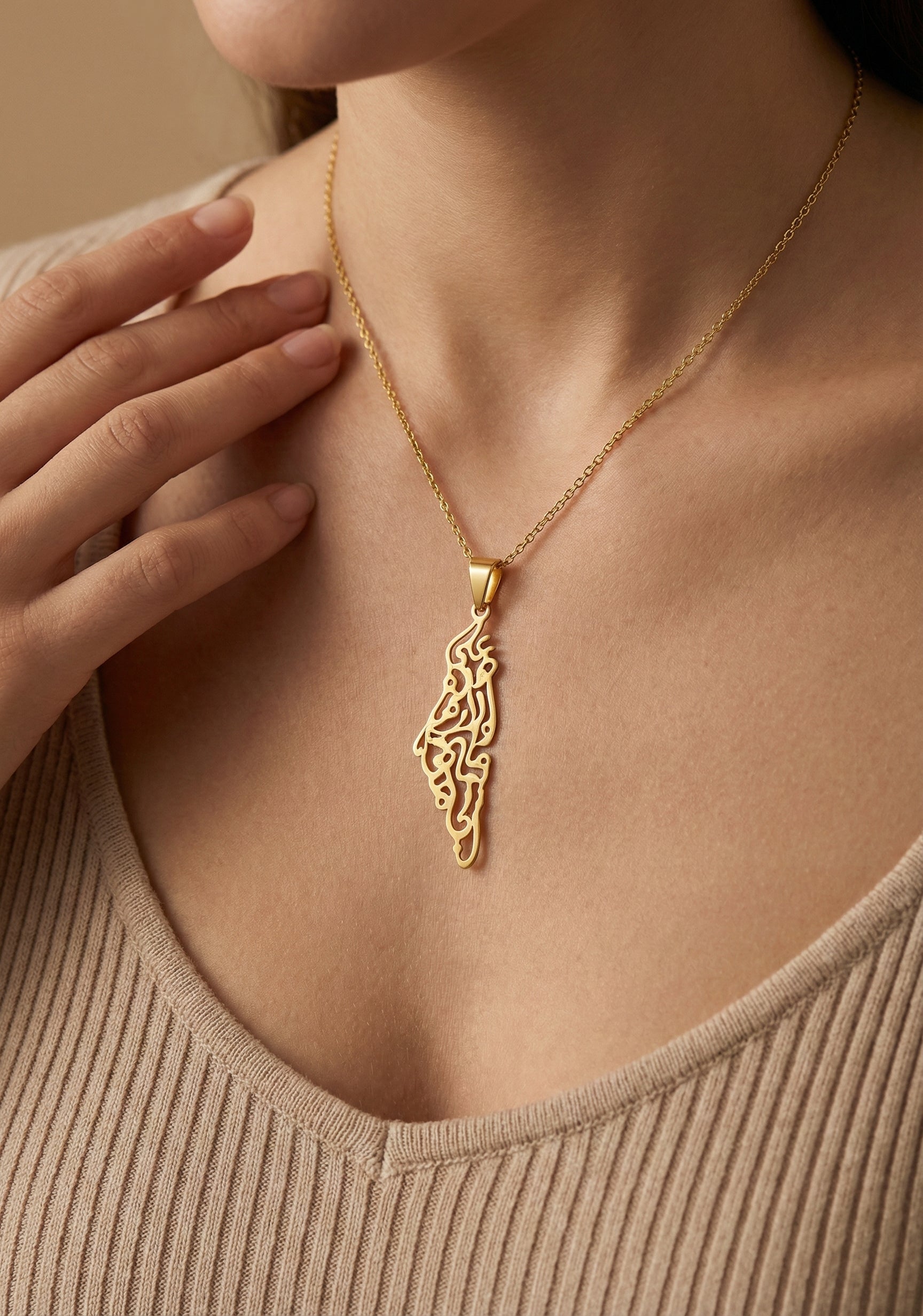 Qamar Palestine Calligraphy Map Necklace